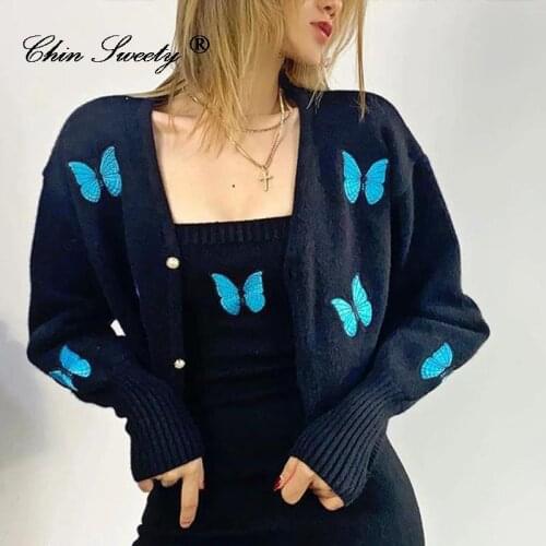 Embroidery Butterflies Knitted Women Cardigans Sweaters Warm Loose Lantern Sleeve Streetwear Fashion Sweet Ladies Short Knitwear