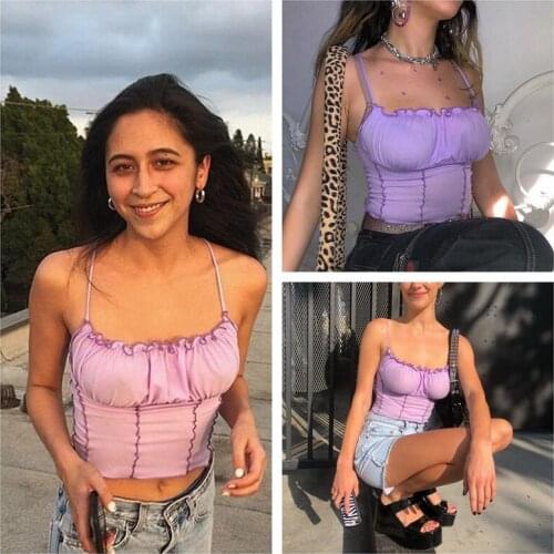 Women Sexy Casual Strappy Stretch Elastic Tank Top Vest Ruffles Sleeveless Crop Top Camisole Top