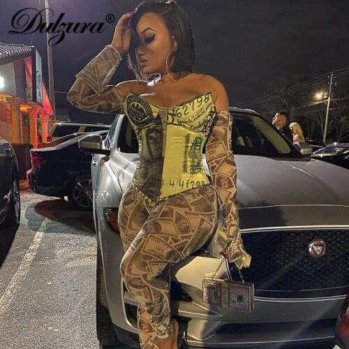 Dulzura Dollar Print Patchwork Women Lace Up Corset Tanks Bustier Top Bandage Bodycon Sexy Streetwear Autumn Winter Club Party