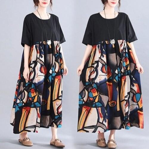 Women Dress Summer Sundress Plus Size 4XL 5XL 6XL Abstract Print Cotton Linen Maxi Dress Female A-Line Splicing Boho Beach Dress