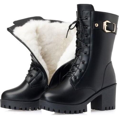 Winter High-heeled Leather Women Winter Boots Thick Wool Warm Women Military Boots High-quality Female Snow Boots