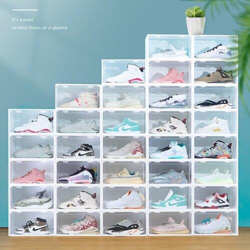 1PC PP Plastic Flip-top Shoe Box Stackable Foldable Cabinet Organizer Drawer Flipping Clear Large Size Opening Sneaker Storage