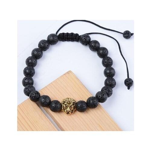 8mm ui757 gold adjusted Charm copper lion nature black stone volcanic lava Bracelet Buddha Yoga essential oils diffuser
