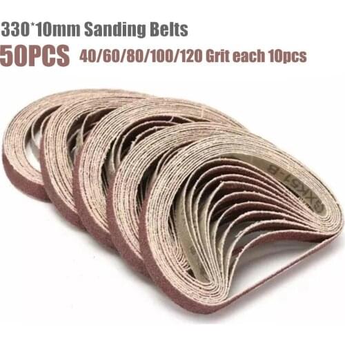 50pcs/set Sanding Belts Abrasive Bands 330x10mm Fit Air Powered Powerfile 40/60/80/100/120 Grit Sander Abrasive Tools