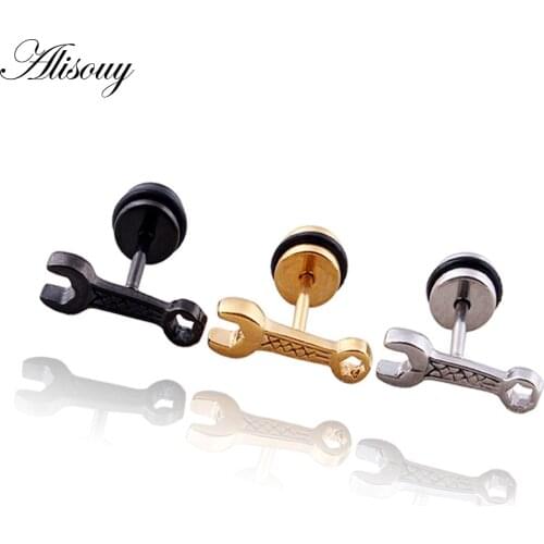 Alisouy 1 pair men 's earrings Punk Style Stainless Steel Wrench Tool Ear Stud Earrings Piercing fashion ear Jewelry for boy