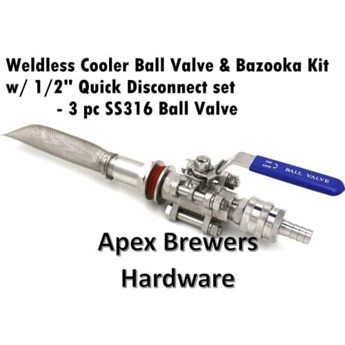 Weldless Cooler Ball Valve & Bazooka Kit w/ 1/2" Quick Disconnect set, , 3-Piece SS316 Ball Valve, 1/2" Barb, Brewer Hardware