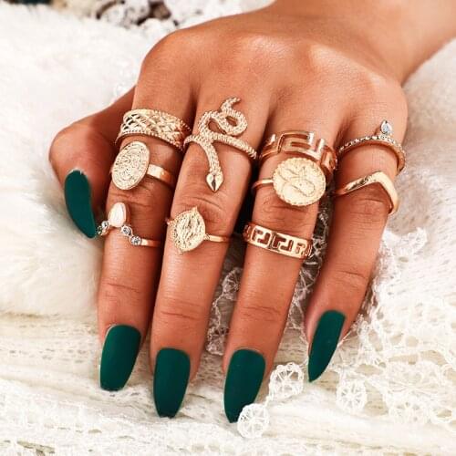 10Pcs/Set Bohemian Charm Geometry Round Imitation Crystal Snake Ring Fashion Chic Finger Set For Womens Wedding Jewelry Gift
