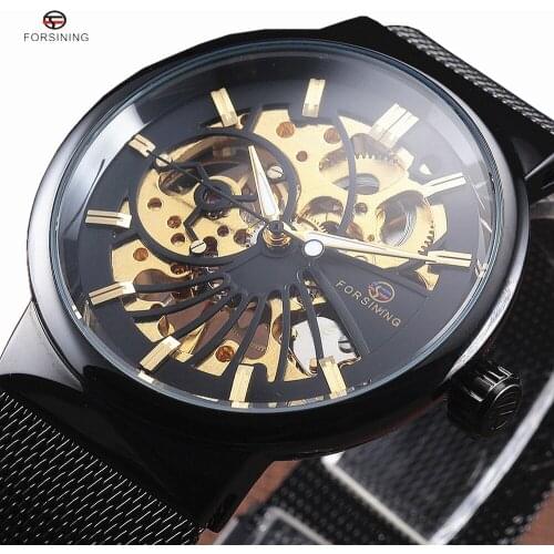 New Fashion Stylish Top Luxury FORSINING Skeleton Watches Men Stainless Steel Mesh Strap Band Mechanical Watch Thin Dial Clock
