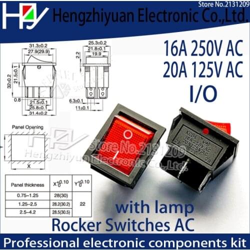 Hzy 2Pcs/lot Red Button Rocker Switch 4 Plugs 30 * 25 * 27mm 16A 250v/ 20A 125V AC Electrical Equipment Switches Wholesale