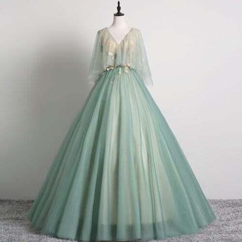 Illusion V-neck Party Dress 2021 New Long Sleeve Embroidery Prom Dress Backless Ball Gown Quinceanera Dresses Plus Size