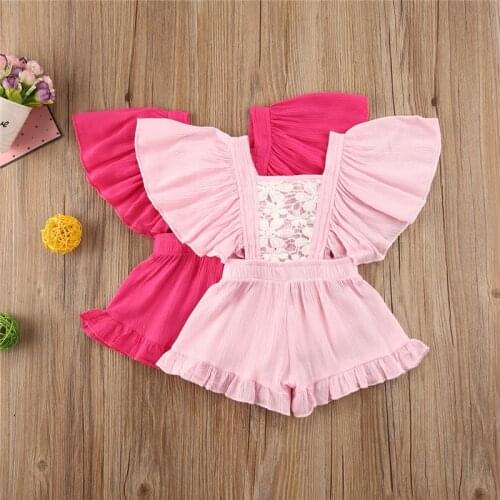 1-5Y Baby Girls Clothes Ruffle Sleeve Square Collar One-Pieces Romper Floral Lace Girls Jumpsuit Overalls Children Clothing