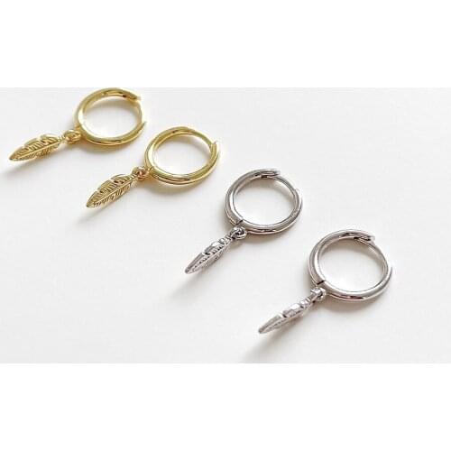 Small 18K Gold Cute 100% REAL.925 Sterling silver Angel Wings Star Birds Feather leaf loop Hoop huggie Earring Jewelry TLE2242