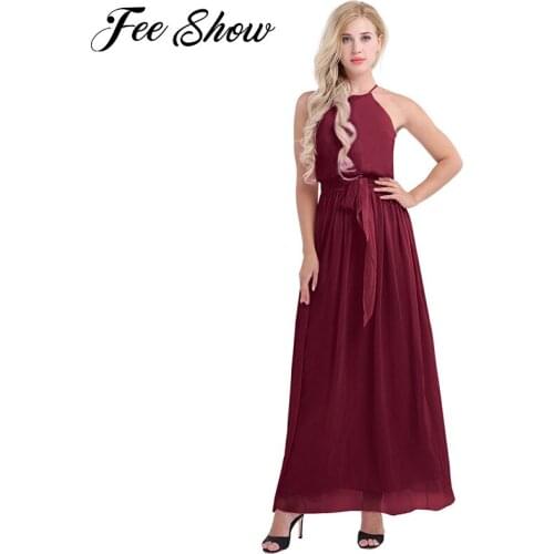 Fashion Halter Bridesmaid Long Maxi Dresses 2018 Chiffon Long A-Line Sleeveless Wedding Party Prom Girl Dress Summer Graduation