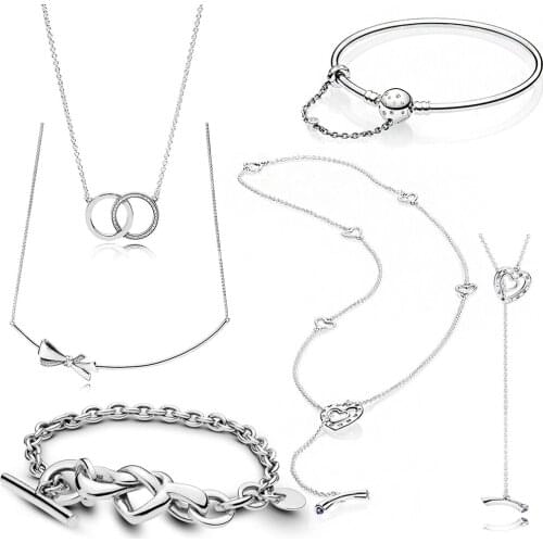 New Gorgeous Bow Bright Heartsentwined Circles Crystal Necklace Knotted Heart T-bar Moment Bracelet Original Female Jewelry