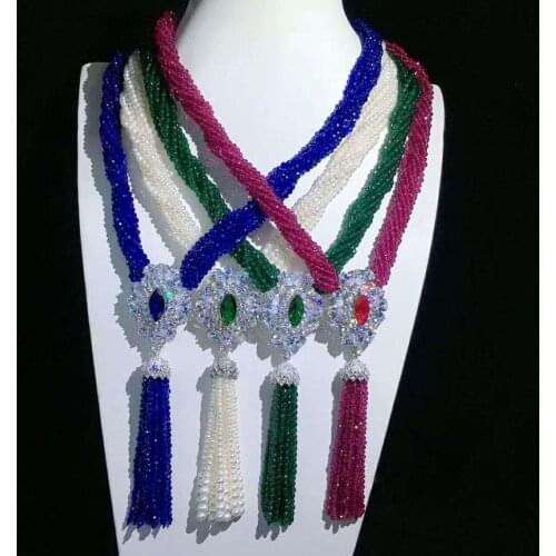 New style 8strands red green blue stone white freshwater pearl tassels necklace micro inlay zircon accessorie fashion jewelry