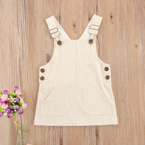 Adjustable Suspenders Dress Toddler Infant Baby Girls Vestido Straps Solid Corduroy Short Dress with Two Pockets Front 1-3Years