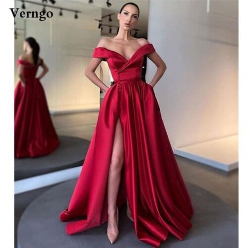 Verngo Burgundy/Light Blue/Pink Satin A Line Evening Dress Off the Shoulder Buttons Slit Prom Gowns Simple Formal Party Dress
