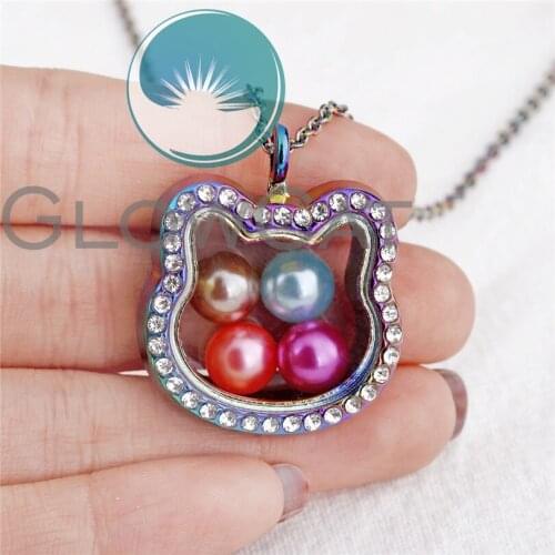 Rainbow Cute Cat Head Glass Floating Locket Necklace Rhinestone Charms Magnetic Living Memory Locket Pendant Necklace
