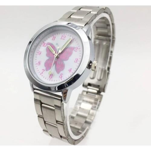 Cartoon Pink Butterfly Girl Women Watches 2021 New Small Quartz Stainless Steel Silver Band Girls Ladies Wrist Watches Clock