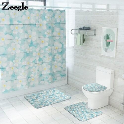Floral Printing Bathroom Carpet Toilet Seat Cover Mat Microfiber Mat Set Bathroom Non-Slip Floor Mat Waterproof Shower Curtain