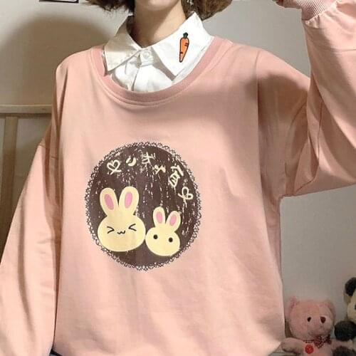 Sweet Loose Lolita Sweatshirt Spring Women Cute Fake Two Pieces Korean Cartoon Rabbit Print Hoodies Girly Autumn Pullover Tops