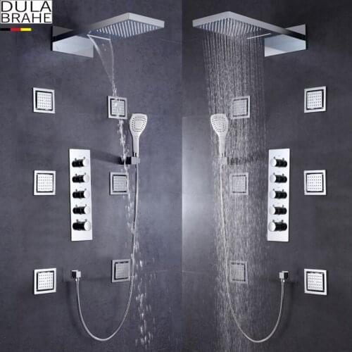 DULABRAHE Thermostatic Bathroom Shower Faucet Set Concealed Waterfall Shower System Wall Mounted Chrome Bath Rain Shower Head