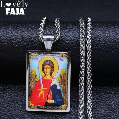 Geometry Christian Archangel St.Michael Stainless Steel Glass Necklace Women/Men Silver Color Jewelry collier femme NXS02