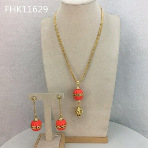 Yuminglai African Jewelry Party Pendant Gold Color Red Ball Necklace and Earrrings Jewelry Sets for Women FHK11629