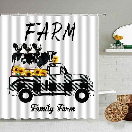 Farmhouse Truck Milk Cow Chicken Poultry Animal Shower Curtain Sunflower White Background Bathroom Waterproof Polyester Curtains