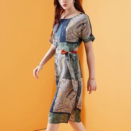 Women Real Summer Silk Ladies Vintage Print Party Dress Beach Dresses Vestidos De Verano 2020 9069-29 YY2884