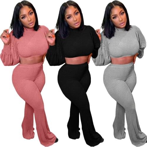 Two Piece Set Casual Solid Color Turtleneck Puff Sleeve Crop Top + Flare Pants Suit Tracksuit Women Streetwear Matching Set
