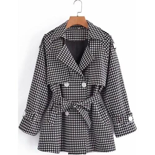 Za Womens Autumn Jacket Casual Trench Coats Traf Tops Autumn Drop Shoulder Double Breasted Belted Loose Houndstooth Jackets