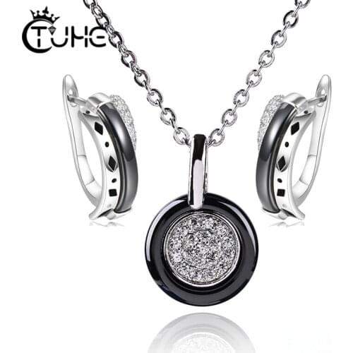 Vintage African Jewelry Sets for Women Silver Color Metal Round Pendant Necklace Statement Earrings Wedding Ceramic Jewelry