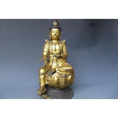 15"temple Folk classical Old Bronze Gild Sit freedom Bodhisattva Kwan-Yin Statue