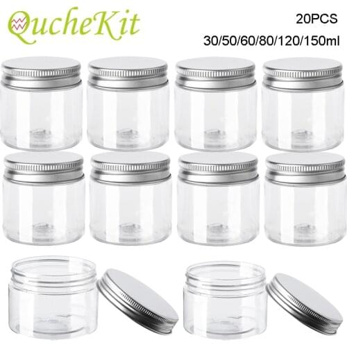20Pcs 30/50/60/80/120/150ml Food Storage Jars Clear Aluminum Cap Round Canister Empty Plastic Cosmetic Jars Travel Bottle Pot