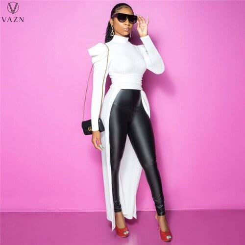 VAZN 2021 Autumn INS Special Sexy Young Asymmetrical X-Long Tees Chiffon Turtleneck Full Sleeve Women High Waist T-Shirts