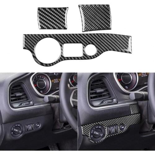 3Pcs/Set Carbon Fiber Car Head Light Switch Panel Trim Steering Wheel Left Right Sides Covers for Dodge- Challenger 2015-up