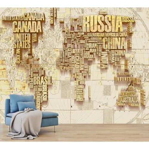 Free Shipping Custom 3D Nordic Chinese/English Mixed World Map Sofa TV Background Wall Gold Luxury Restaurant Hotel Wallpaper