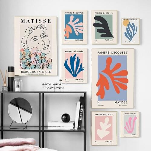 Matisse Abstract Painting Line Woman Face With Colorful Flowers Wall Art Canvas Prints Vintage Poster Picture for Living Room