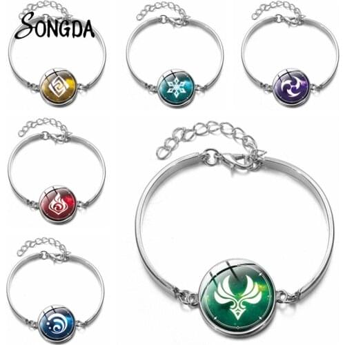 Punk Anime Genshin Impact Bracelet Art Photo Round Glass Cabochon Zinc Alloy Cosplay Bangle Wristband For Men For Boyfriend Gift