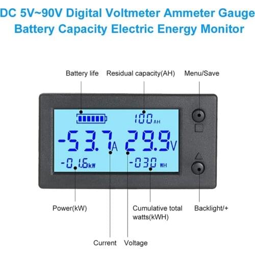 Digital Voltmeter Ammeter Battery Capacity Energy Monitor Voltage Amplifier DC 5V-90V 50A Coulometer with Hall Sensor