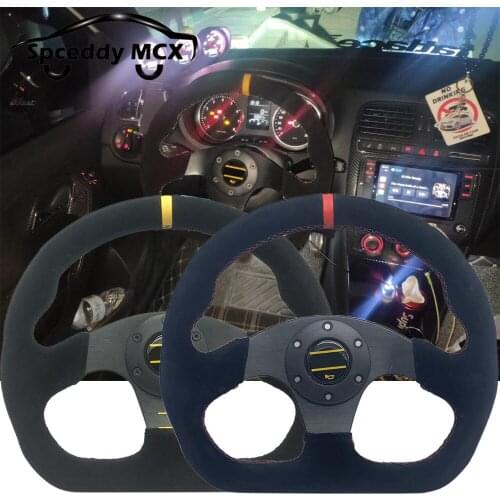 D Shape OM Suede 320mm Racing Sport Steering Wheel Universal 13 Inch Racing Car Sport Steering Wheel With Horn Button Red Yellow