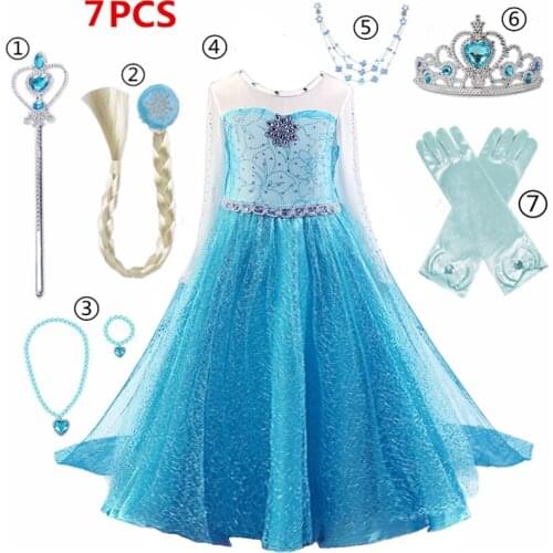 Blue Baby Girl Halloween Dress Birthday Party Cosplay For Children Snow Princess Queen Up Ankle-Length Cute Style Dresses 4-10 Y