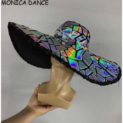 Stage Sequin Large Brim Hat Women Party Prom Hats Floppy Wide Brim Cap Foldable Club Jazz Dancer Singer Dance Accessories