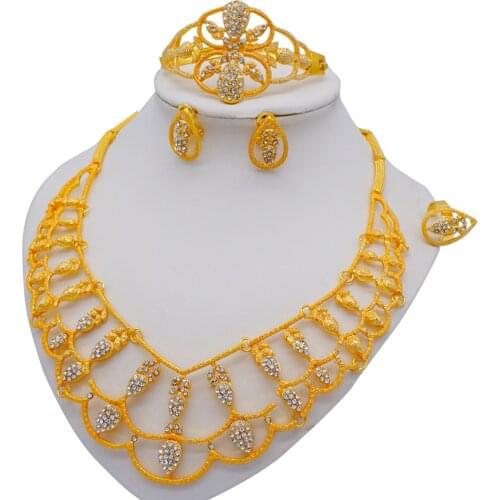 Fine Wedding Bridal Crystal Jewelry Sets African Dubai Gold Color Unique Necklace Bracelet Earrings Ring Jewellery Costume
