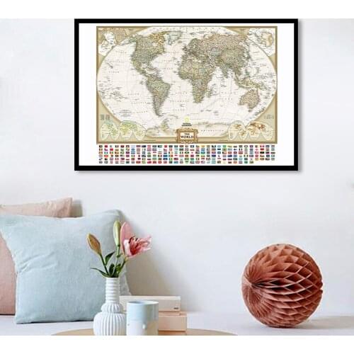 90*60cm The Retro World Map with National Flags In Detail Canvas Painting Wall Art Poster School Supplies Classroom Home Decor