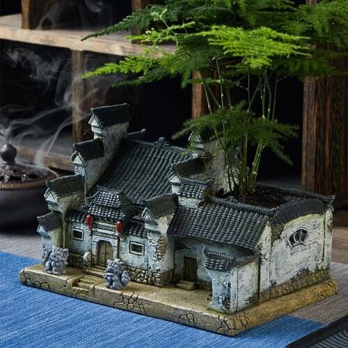 Chinese Traditional Building Design Resin Bonsai Plants Pot Breathable Potted Plants Pots Zen Micro Landscape Indoor Decoration