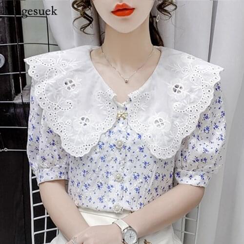 Summer Short Sleeve Blouse Women 2021 Peter Pan Collar Embroidery Floral Chiffon Shirt Korean Print Tops Women Clothing 15249