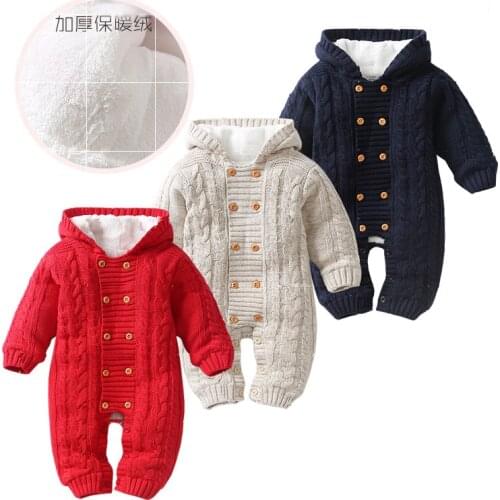 2020 Hot Thick Warm Infant Baby Rompers Winter Clothes Newborn Baby Girl Knitted Sweater Jumpsuit Hooded Kid Toddler Outerwear