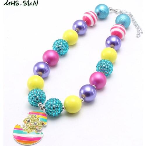 MHS.SUN Newest Girls Jewelry Easter Egg Chicks Rhinestone Pendant Necklace For Kids Chunky Bubblegum Bead Children Necklace Gift